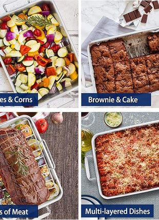 P&P CHEF 16" Roaster Roasting Pan with Baking Rack and V-shaped Rack, Stainless Steel Rectangular Lasagna Pan with Handles for Turkey Chicken, Healthy & Dishwasher Safe, 3 Pieces, Silver