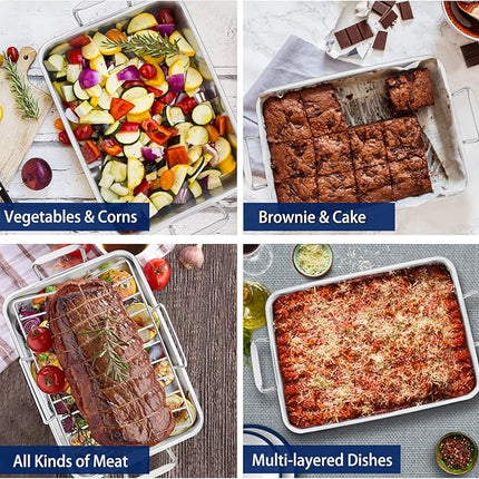 P&P CHEF 16" Roaster Roasting Pan with Baking Rack and V-shaped Rack, Stainless Steel Rectangular Lasagna Pan with Handles for Turkey Chicken, Healthy & Dishwasher Safe, 3 Pieces, Silver