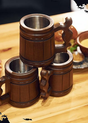 MFC Beer Mug 10 OZ - Coffee Mug - Beer stein - Wooden beer mug - Stainless Steel Cup - Handmade Gifts for Men - Fathers Day, Christmas or Birthday Gift Idea - Men Mug - Classic Brown