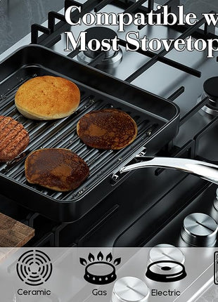 Cooks Standard Nonstick Square Grill Pan 11 x 11-Inch, Hard Anodized Grilling Skillet Pan Cookware for Camping, Home Use