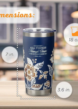 Christian Art Gifts Stainless Steel Scripture Tumbler Travel Mug for Women: All Things Through Christ Inspirational Bible Verse, Double-wall Vacuum Insulated w/Lid Hot/Cold, Navy Blue Floral, 18oz.