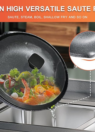 Vinchef New Handle Update 11In/5Qt Aluminum Nonstick Deep Frying Pan with Lid and Heat Indicator, Anti Scratch and Anti Stain Deep Saute Pan, Induction Compatible