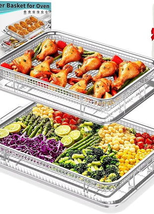 Air Fryer Basket for Oven, 2 Set Stainless Steel Pan & Crisper Tray (15"x11" &12.8"x9.7") with 60 Parchment Papers, Family-Size Non-Stick Oven Basket for Baking Chicken, Fries, Dishwasher Safe