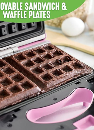 GreenLife Electric Waffle Sandwich Maker, Toaster, Panini Press with Healthy Ceramic Nonstick Plates, Perfect for Tuna Melts, Crispy Rice, Grilled Cheese, LED Indicator Light, PFAS-Free, Pink