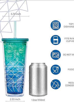 bzyoo SIP 24oz (710ml) Double Wall Plastic Tumbler with Lid and Straw Cold Drink Travel Mug Party Reusable Cup For Office Outdoor Dining Gift For Him & Her (Blue & Green)