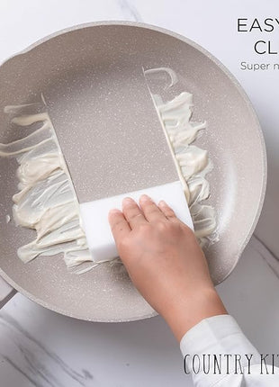 Country Kitchen Non-Stick Cast Aluminum Cookware Set - Durable Kitchen Cookware for Everyday Cooking, Cream Round Handle, 11 Pc.