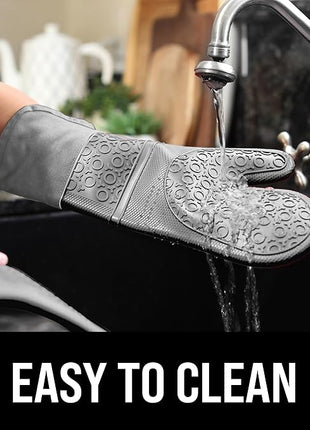 BPA-Free Soft Silicone Oven Mitts - Ultra Heat Resistant Oven Mitts with Thick Cotton Liner - Extra Long Slip Resistant Pot Holders, Flexible Oven Gloves - Gray 14.7"