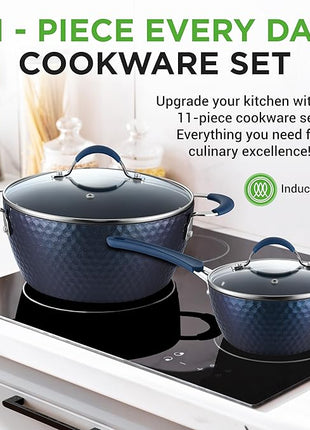 NutriChef 11 Piece Pots and Pans Set - Non Stick Cookware Set with Ceramic Coating, Cool-Touch Handles, Induction Ready, Includes Lids, and Utensils - Diamond Blue