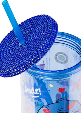 Silver Buffalo Lilo and Stitch Smiles Kisses and Icons Rhinestone Lid 20oz Plastic Tall Cold Cup w/Lid and Straw