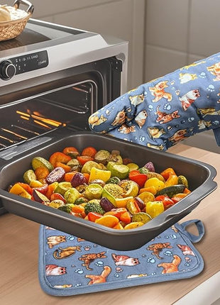 Oven Mitts Gloves 1 Pair Heat Resistant 480 ℉ Non Slip Clear Silicone Printed Cat Comfortable Cotton Lining Kitchen Men Cooking Barbecue Machine Washable (Cat, Blue Mitts)