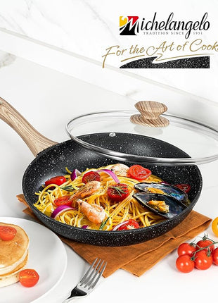 MICHELANGELO 10 Inch Frying Pan with Lid, Nonstick Frying Pan with Healthy Granite Coating, Nonstick Pan with Anti-Scald Handle, Induction Compatible