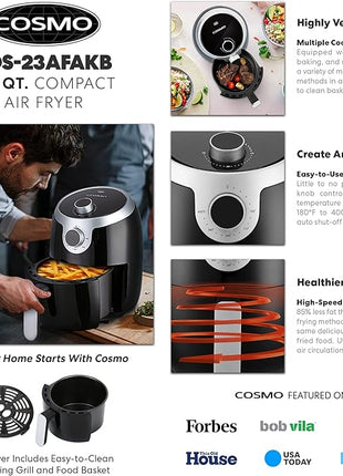 COSMO COS-23AFAKB 2.3 Quart Electric Small Air Fryer with Temperature Control, Timer, Auto Shut-Off, Non-Stick Frying Tray, 1000W Compact Mini Air Fryer (2.3 Quarts, Stainless Steel/Black)