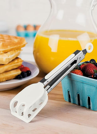 Tovolo Waffle Tongs Mini Silicone Kitchen Tongs for Cooking Serving Flat Stainless Steel Small Tongs with Silicone Tips for Salads Belgian Waffles Air Fryer Appetizers Dishwasher Safe White