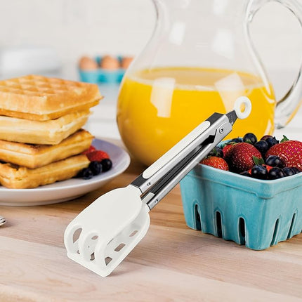 Tovolo Waffle Tongs Mini Silicone Kitchen Tongs for Cooking Serving Flat Stainless Steel Small Tongs with Silicone Tips for Salads Belgian Waffles Air Fryer Appetizers Dishwasher Safe White