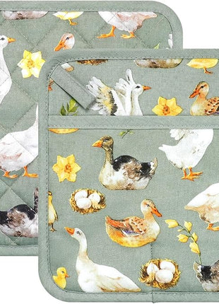 Pot Holders Set of 2 Heat Resistant 480℉ Kitchen 100% Cotton Comfortable Lining Printing Teal Flower Women Men Home Cooking Baking Microwave BBQ Gift (Teal potholders)