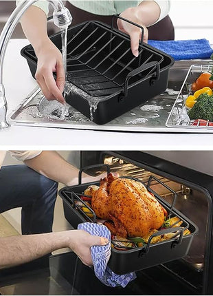 TeamFar Roasting Pan, 14” Nonstick Deep Lasagna Brownie Turkey Pan with V-Shaped Rack & Cooling Rack, with Stainless Steel Core & Nonstick Coating, Healthy & Heavy Duty, Easy to Clean, Set of 3