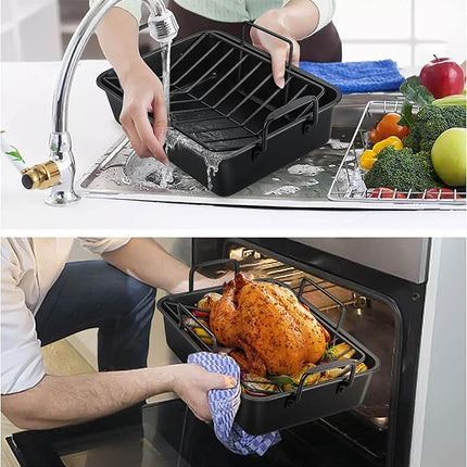 TeamFar Roasting Pan, 14” Nonstick Deep Lasagna Brownie Turkey Pan with V-Shaped Rack & Cooling Rack, with Stainless Steel Core & Nonstick Coating, Healthy & Heavy Duty, Easy to Clean, Set of 3