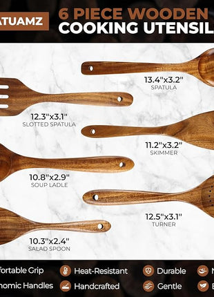SPATUAMZ Wooden Cooking Spoons, Ladle and Spatula, Fine Polished Teak Wood Cooking Utensils Set of 6, Nonstick Wooden Kitchen Spoon & Spatula Set