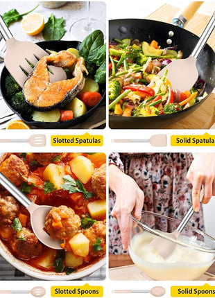 Pack of 4 Silicone Cooking Utensils Set, Non Stick Large Solid Spatulas, Heat Resistant Stainless Steel Khaki Slotted Spoons, Ideal BPA Free Kitchen Turners for Frying, Mixing,Serving,Draining,Turning