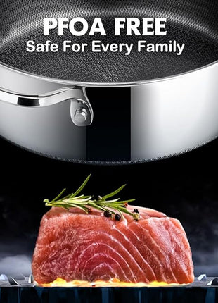 Frying Pans Nonstick Set with Lid,Hybrid Non Stick 5 Quart Saute pan,10 inch Skillet,8 inch Skillet PFOA Free Cookware,Stainless Steel skillet,Deep Saute Pan,Dishwasher Safe,Works on All Cooktops