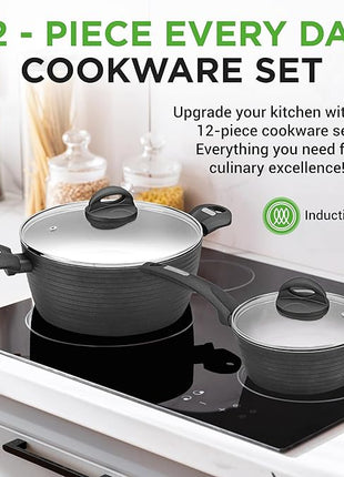 NutriChef Metallic Ridge Line Nonstick Cooking Kitchen Cookware Pots and Pan Set with with Lids and Utensils, 12 Piece Set, Gray