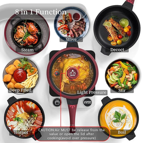 TIBORANG 8 in 1 Multipurpose 11 Inch 5 Quart Heat Indicator Nonstick Deep Frying Pan with Glass Lid,Stay-cool Handle,Steamed Grid,PFOA-Free,Dishwasher&Oven Safe,Works with All Stovetops(Ruby Red)