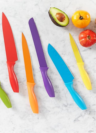Amazon Basics Color-Coded Dishwasher Safe Kitchen 12-Piece Knife Set, 6 Knives with 6 Blade Guards, Multicolor, 13.88 x 4.13 x 1.38 inch