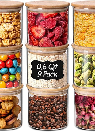 ComSaf 0.6 Qt Glass Food Storage Jars Set of 9, Clear Glass Storage Containers with Lids, Pantry Organization Jar, Spice, Blooming Tea, Oat, Coffee and Sugar Container, Small Canister Set for Kitchen