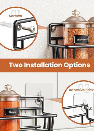 Spice Rack wall mounted 6 Pack, Space-Saving Spice Organizer for Spice Jars and Seasonings,Screw or Adhesive Hanging Spice Rack Organizer for Your Kitchen Cabinet,or Pantry Door