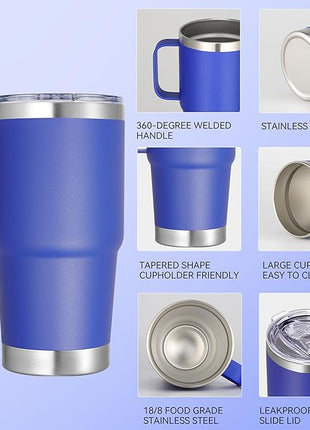 20 oz Stainless Steel Tumbler with Handle Bulk Metal Insulated Tumblers Travel Coffee Mug with Handle Double Wall Tumbler Cup with Lid and Straw, Blue 6 Pack