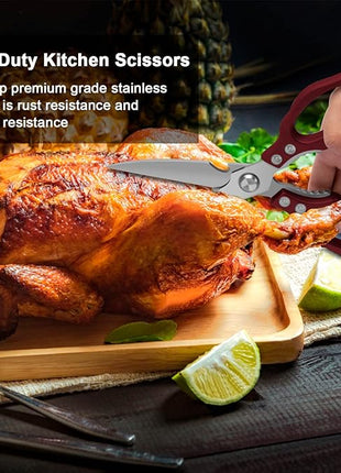 CGBE Kitchen Scissors All Purpose Heavy Duty, Ultra Sharp Stainless Steel Kitchen Shears Dishwasher Safe, Cooking Shears for Chicken, Poultry, Fish, Meat, Herbs & Grapes with Non-Slip Grips (Red)