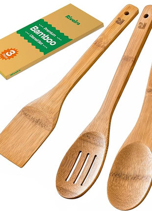 Riveira Dark Bamboo Wooden Spoons for Cooking 3-Piece, Apartment Essentials Wood Spatula Spoon Nonstick Kitchen Utensil Set Premium Quality Housewarming Gifts for Everyday Use
