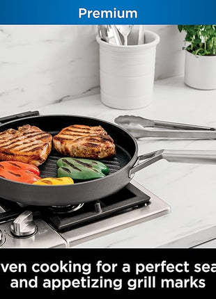 Ninja C30530 Foodi NeverStick Premium 12-Inch Round Grill Pan, Hard-Anodized, Nonstick, Durable & Oven Safe to 500°F, Slate Grey