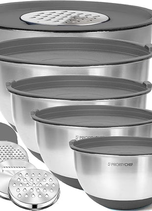 Priority Chef Stainless Steel Mixing Bowls with Lids Set, 3 Grater Attachments, Airtight Lids, Non-Slip Silicone Base Mixing Bowl Set, Large Prep Metal Mixing Bowls for Kitchen, Grey