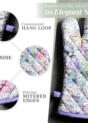 Maison d' Hermine Oven Gloves 100% Cotton Oven Mitt 7" x 13" with Loop Heat Resistant, BBQ, Cooking Gloves, Baking, Grilling, Kitchen, Handling Hot Pans Spring/Summer (Pack of 1, Floral Love)