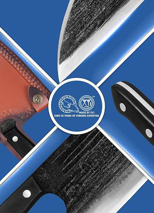 Full Tang, Serbian Chefs knife,Chef Meat Cleaver,Kitchen Knives,Set with Leather Sheath,Take Carrying,Butcher,for Camping or Outdoor (8 inch)
