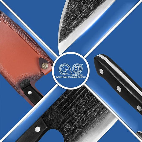 Full Tang, Serbian Chefs knife,Chef Meat Cleaver,Kitchen Knives,Set with Leather Sheath,Take Carrying,Butcher,for Camping or Outdoor (8 inch)