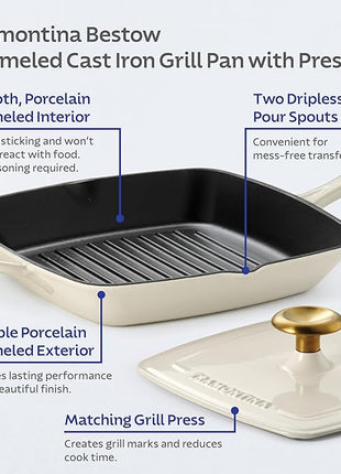 Tramontina Bestow Enameled Cast Iron Grill Pan with Press, 11-inch, Latte with Gold Knob