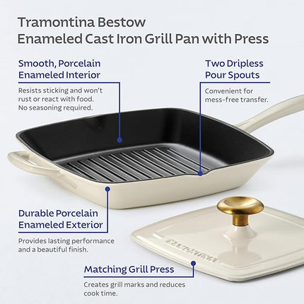 Tramontina Bestow Enameled Cast Iron Grill Pan with Press, 11-inch, Latte with Gold Knob