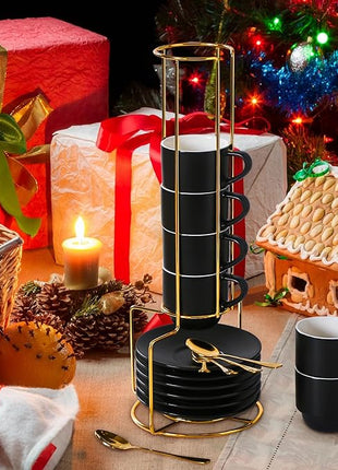 Lareina Porcelain 3-Ounce Espresso Cups Set of 6, Small Stackable Coffee Cups with Saucers, Spoons and Metal Stand - Ceramic Demitasse Mugs, Double Shots Expresso Cup, Matte Black