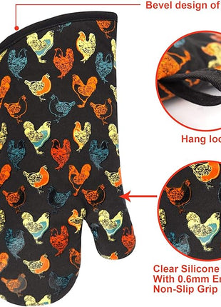 Oven Mitts Gloves 1 Pair Heat Resistant 480 ℉ Non Slip Clear Silicone Printed Rooster Comfortable Cotton Lining Kitchen Men Cooking Barbecue Machine Washable (Rooster, Black Mittens)