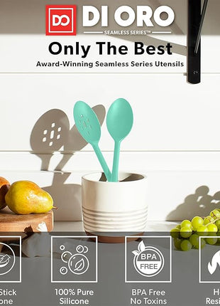 DI ORO Silicone Spoons for Cooking - Large Kitchen Spoons for Mixing, Serving, & Stirring - 600°F Heat-Resistant Non Stick Utensils – Big Solid & Slotted Basting Spoons - Dishwasher Safe (2pc, Mint)