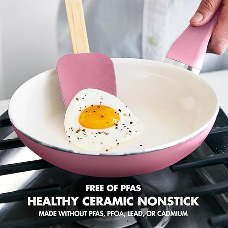 GreenPan Rio Healthy Ceramic Nonstick 8" Frying Pan Skillet and Silicone Spatula Set, Soft Grip Handle, Breaktfast Meal Set, PFAS-Free, Dishwasher Safe, Oven Safe, Pink