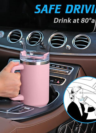 40 oz Tumbler with Handle and Straw, Pink Insulated Travel Mug Iced Coffee Cup, Reusable Stainless Steel Insulated Water Bottle, Keeps Drinks Cold for 34 Hours, Women Christmas Gifts for Mom Grandma