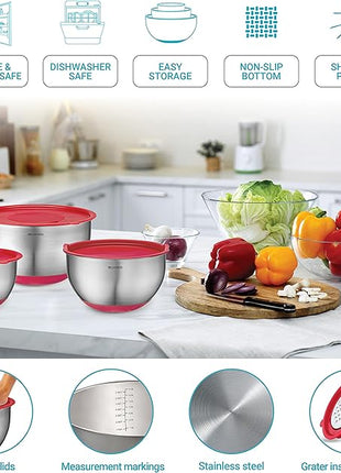Belwares Mixing Bowls with Lids Set - Nesting Bowls with Airtight Lids + Graters - Stainless Steel Non-Slip Mixing Bowl for Baking, Food Storage and Prepping (Red, 5-Piece Set)