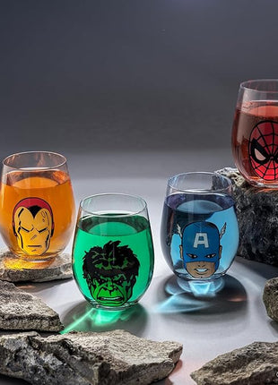 JoyJolt Marvel Heroes Stemless Drinking Glasses, 19oz Superhero Cups ft Hulk Captain America Spiderman and Iron Man, Avengers Glassware Set of 4, Marvel Gifts for Men and Women