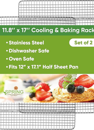 Spring Chef 11.8 x 17 Inch Stainless Steel Cooling Racks for Cooling & Baking - Oven Safe - Wire Roasting Racks for Oven Use - Fits Half Sheet Cookie Pan - Dishwasher Safe - Set of 2