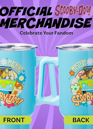 Silver Buffalo Scooby Doo Mystery Machine Featuring Shaggy, Velma, Fred and Daphne Stainless Steel Tumbler with Handle and Straw, Fits in Standard Cup Holder, 40 Ounces