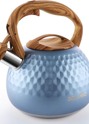 BELANKO 2.7 Quart Tea Kettle for Stovetop - Food Grade Stainless Steel with Diamond Texture, Designer Teapot Look, Cool-Touch Wood Pattern Handle, Whistling Spout - Glacier Blue