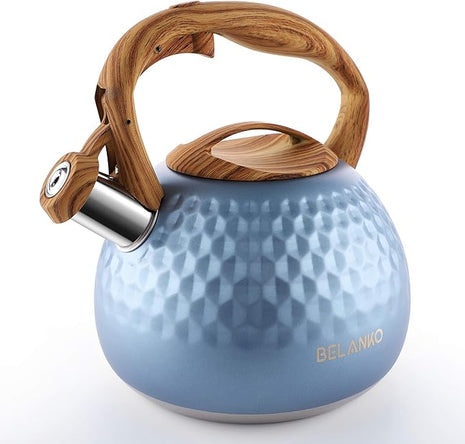 BELANKO 2.7 Quart Tea Kettle for Stovetop - Food Grade Stainless Steel with Diamond Texture, Designer Teapot Look, Cool-Touch Wood Pattern Handle, Whistling Spout - Glacier Blue